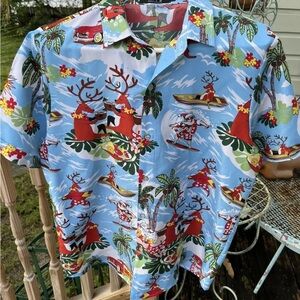 SSLR Hawaiian Christmas Shirt M Short Sleeve Button Down Santa Reindeer Woody